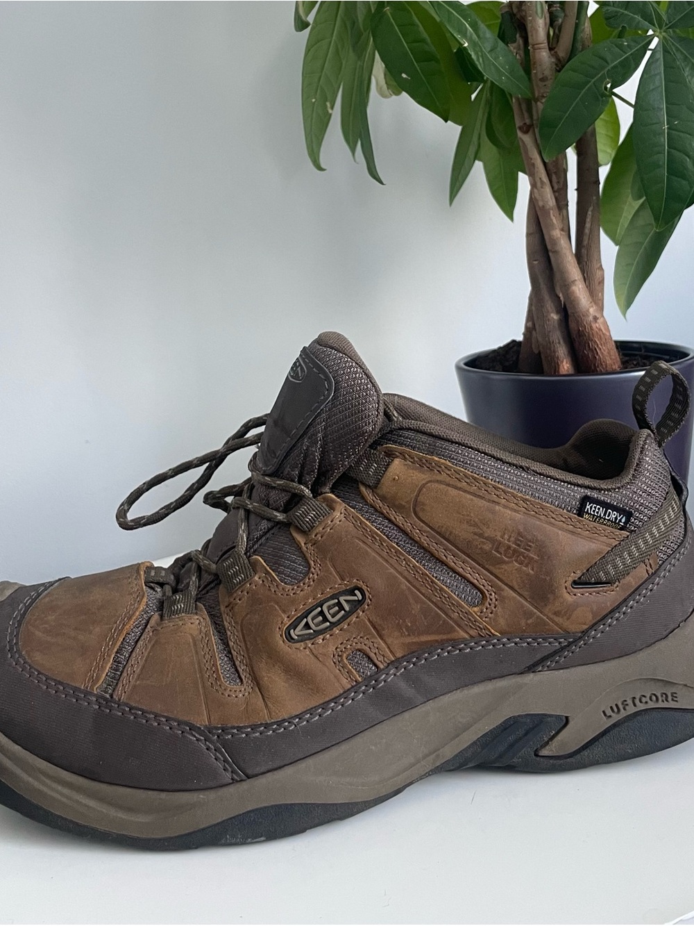 Men Size 10.5 Keen Circadia Brown Leather Low Top Vented Trail Hiking Shoes
